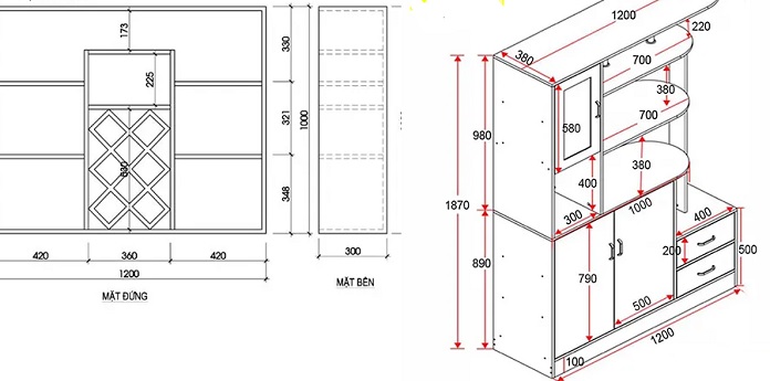 Hình 1: Có nhiều kích thước tủ khác nhau trong thiết kế nội thất