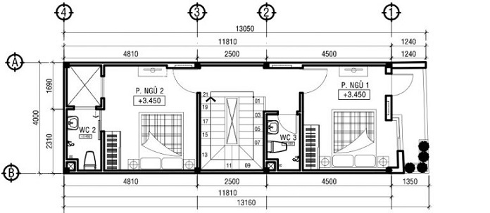 Bản vẽ mẫu nhà gồm 1 trệt, 1 lửng, 1 lầu và 1 sân thượng