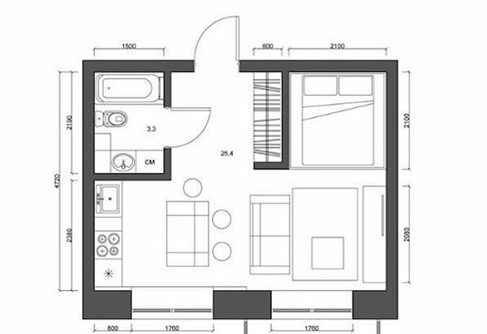 Mẫu thiết kế nội thất chung cư 30m2 2 phòng ngủ hiện đại