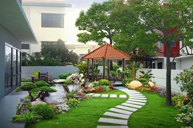 Một khu vực trong sân vườn được bố trí để làm nơi nghỉ ngơi, thư giãn cho gia đình.