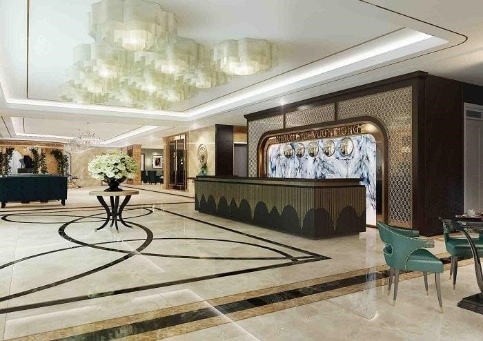 Thiết kế nội thất cho sảnh văn phòng khách sạn được hoàn thiện với độ sang trọng vô cùng ấn tượng.