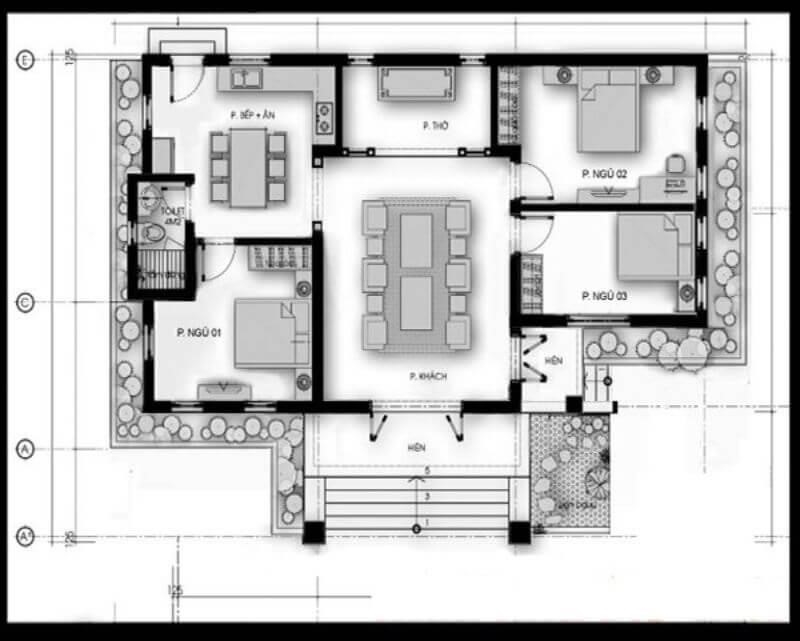 Một bản thiết kế nhà được biểu diễn dưới dạng sơ đồ với các chi tiết cụ thể về kích thước, hình dạng, vị trí của các phòng và các thành phần khác trong ngôi nhà.