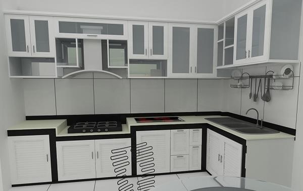 Một loại tủ bếp được làm bằng nhôm và kính trắng sứ, được sơn bằng phương pháp sơn tĩnh điện.