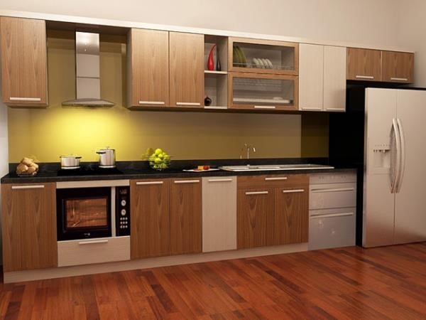 Tủ bếp được làm từ nhôm kính với hình dáng giống như gỗ.
