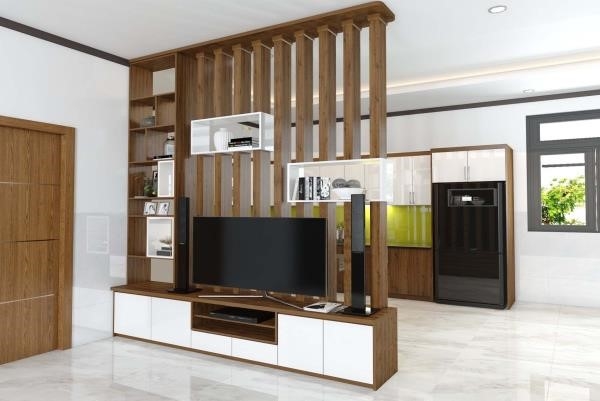 Bằng cách sử dụng kệ tivi làm ngăn giữa phòng khách và bếp, được làm từ gỗ tiết kiệm không gian, chúng ta có thể tối ưu hóa không gian sử dụng trong cả căn nhà.