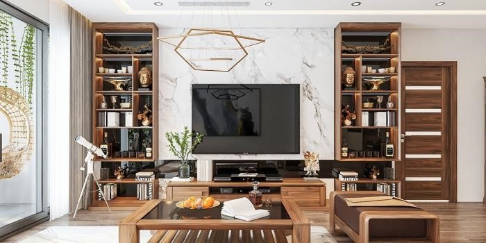 Kết hợp giữa mẫu lam phòng khách và kệ trang trí sẽ tạo nên một không gian hiện đại và đẹp mắt cho phòng khách của bạn.