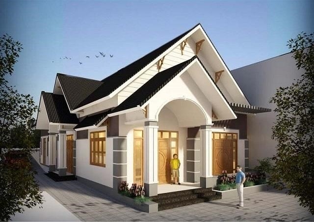Đây là một mẫu nhà cấp 4 hiện đại với 3 phòng ngủ, 1 phòng thờ, sân hậu và mái Thái.