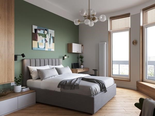 Công trình thiết kế phòng ngủ được hoàn thiện với sắc màu xanh ngọc bích đậm, giúp tạo nên không gian nghỉ ngơi thư thái, tràn đầy sức sống.
