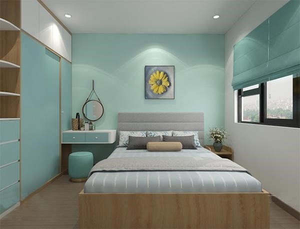 Phòng ngủ được thiết kế với màu xanh ngọc bích và màu vàng quý phái kết hợp với nhau.