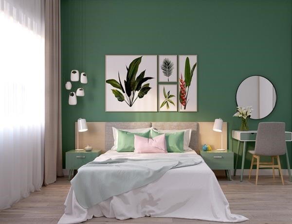 Phòng ngủ được thiết kế với màu xanh ngọc bích, tạo ra một tông màu thiên nhiên rất dễ chịu.
