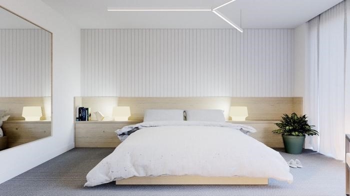 Phòng ngủ được sơn màu trắng tinh khôi và không tẻ nhạt nhờ những chiếc đèn đặc biệt tạo điểm nhấn.