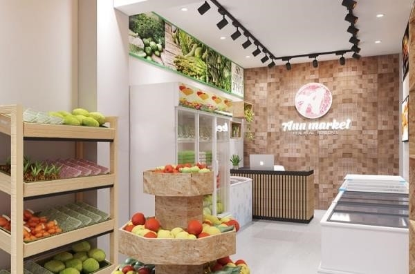 Đây là mẫu thiết kế cho siêu thị mini có diện tích 100m2 và logo hấp dẫn để thu hút khách hàng.