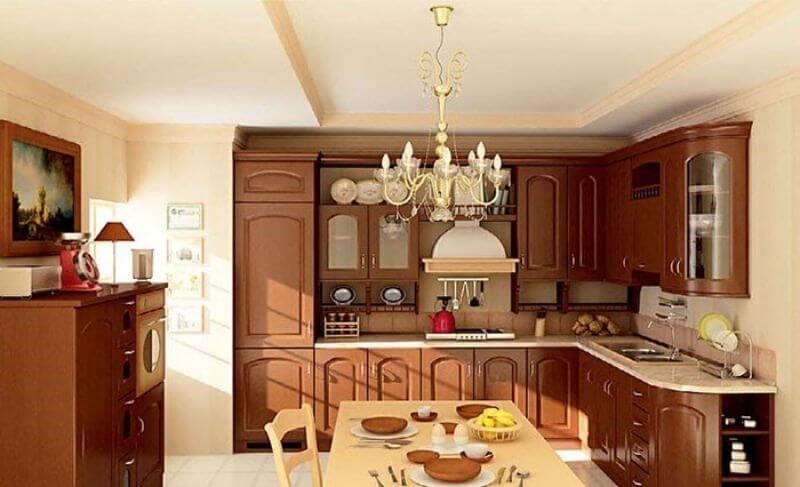 Phòng bếp nhỏ đẹp được thiết kế theo phong cách tân cổ điển, tạo nên một không gian sang trọng và đẳng cấp.