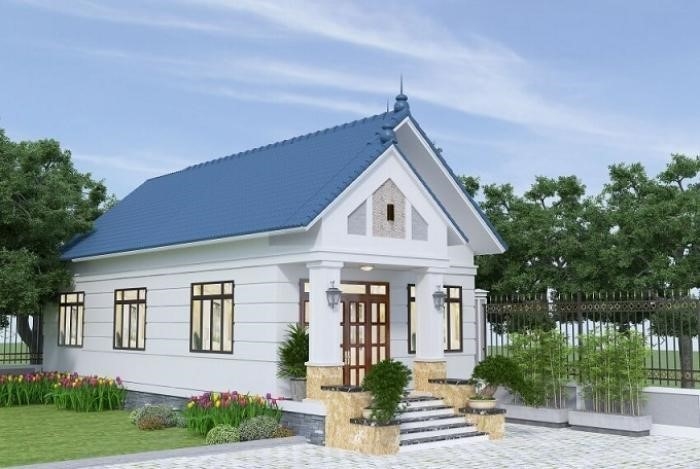 Ngôi nhà có mái thái màu xanh nhẹ nhàng, tươi tắn và tràn đầy sự thanh thoát.